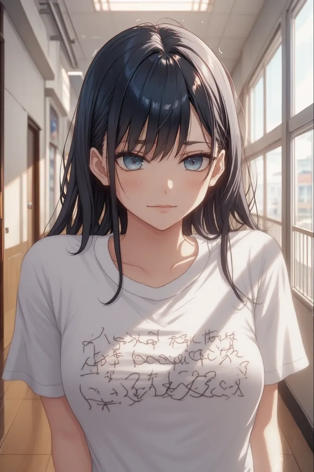 In the bedroom in the morning, An anime girl with long black hair was sitting on the bed, Straight black hair that flows down to the shoulders, She is depicted from the front, looking at you, She leans forward slightly to emphasize her breasts., Her cute自然なアニメの顔は、The perfect mix of cuteness and realism., He has brown eyes that shine with a mysterious brilliance., Her cute, Realistic portraits brought to life in 3D anime style, Highly detailed background and perfect shadows highlight her attractive features., The subtle play of light and HDR creates a fascinating depth., She looks so photorealistic, anime, The chest is large, Wearing a bra top