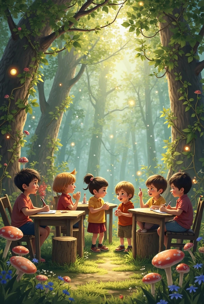 The Masterpiece，best possible quality，（Very detailed CG unified 8K wallpaper），（best possible quality），（The best illustrations），（The best shades），Deep in the forest，Children play with the animals。Little birds dancing in the trees，Little rabbits chasing in the grass。Children work together to make their own handicrafts，They use leaves、Natural materials such as flowers create beautiful works。Suddenly，A small squirrel jumped next to them，It looks curiously at the children's handicrafts。Children have fun sharing their creations with little squirrels，Had a lovely afternoon together。