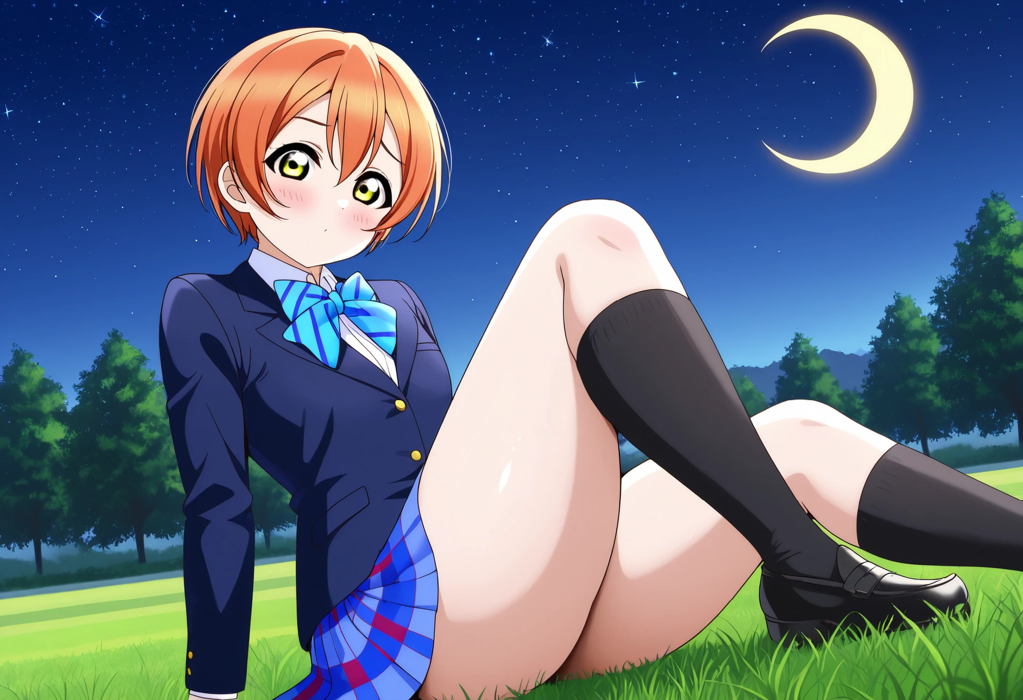 1girl, hoshizora rin, striped, short hair, blush, otonokizaka school uniform, lovelive_rin black blazer, blue plaid skirt, blue stripe bowtie, orange hair, very short hair, hair between eyes, yellow green eyes,thick thighs,knee up,crescent moon, stars (sky),looking at viewer,outdoors, sky,grass,tree,