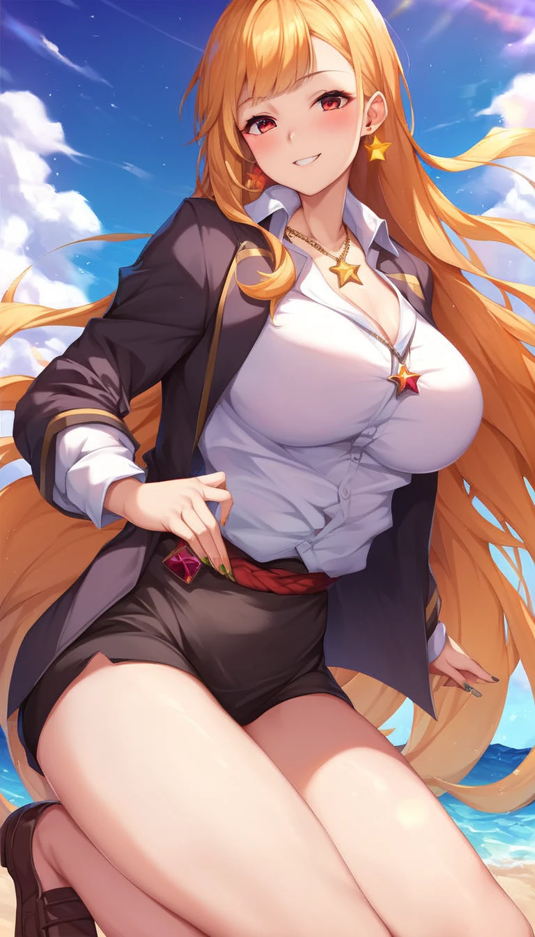 masterpiece, best quality, very aesthetic, absurdres, 1girl, mature_lady,red_shirt,naked_shirt,covered_nipples,,marie_rose(dead_or_alive), dead_or_alive_5, 1girl, long_hair, twintails, blonde_hair, x_hair_ornament, ,gorgeous Fireworks in sky,