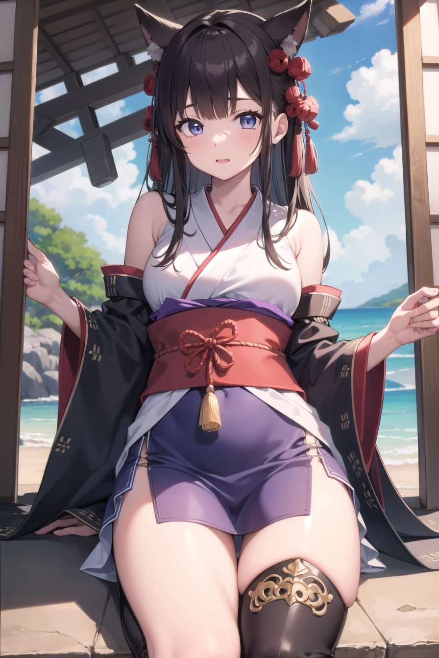 Girls under 8 years old, under 100 height, kimono, small breasts, patterned cotton panties, fabric realistic, black hair, no jacket, old shrine