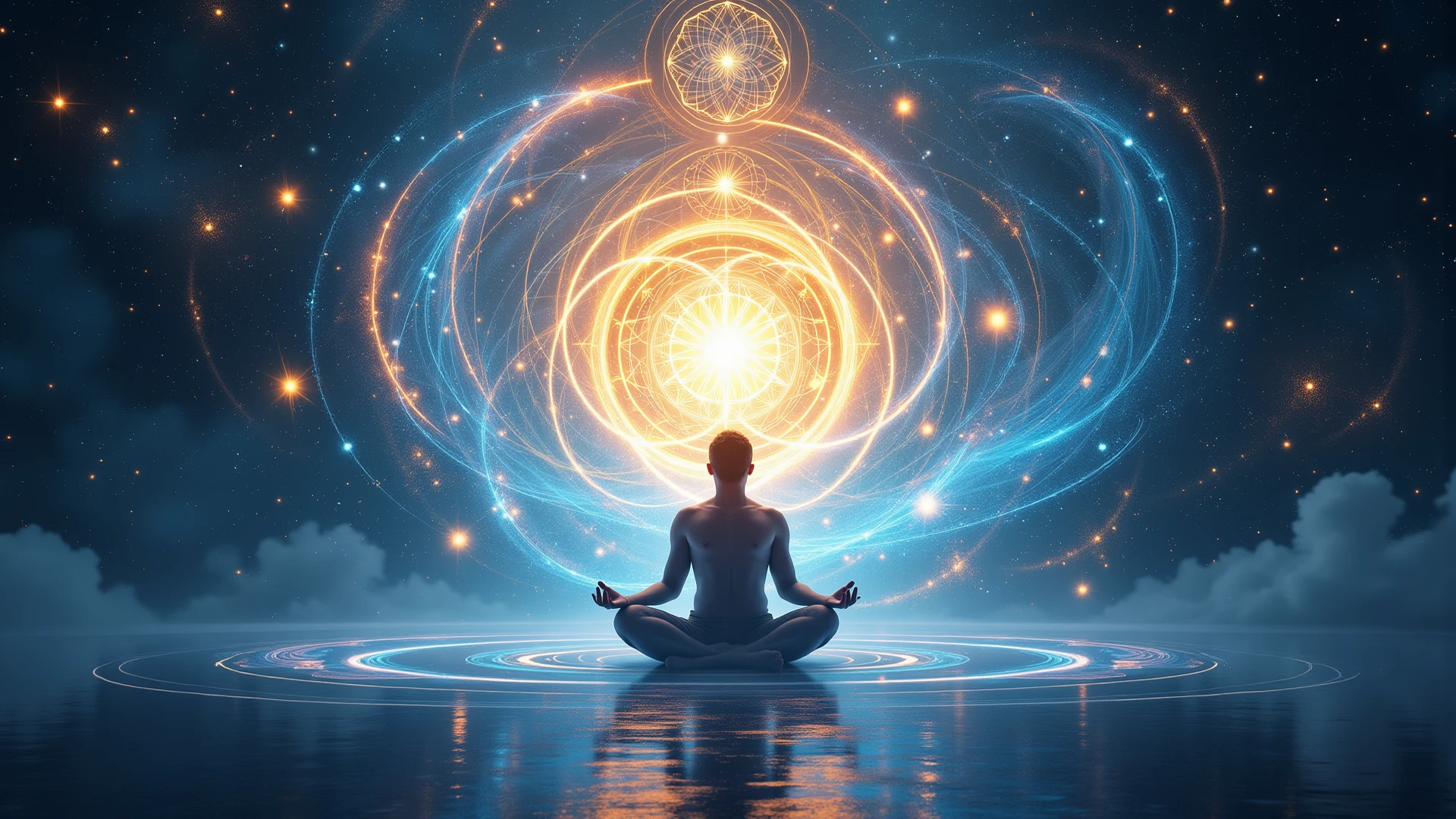 Create a vibrant and dynamic thumbnail featuring a human figure in profile, seated in a meditative pose with eyes closed. The figure is surrounded by a glowing aura that radiates light and energy, symbolizing vibrational energy. Surrounding the figure are concentric waves or circles of energy, visually representing vibrations emanating from the body. The background is a cosmic scene with a deep, starry sky, suggesting a connection to the universe. Subtle waves of sound and beams of colored light are dispersed throughout the background, emphasizing the concept of vibrations in various forms. Use rich, contrasting colors, such as blues, purples, and golds, to create a sense of spirituality and energy. The overall mood is peaceful yet powerful. No text is included in the image.