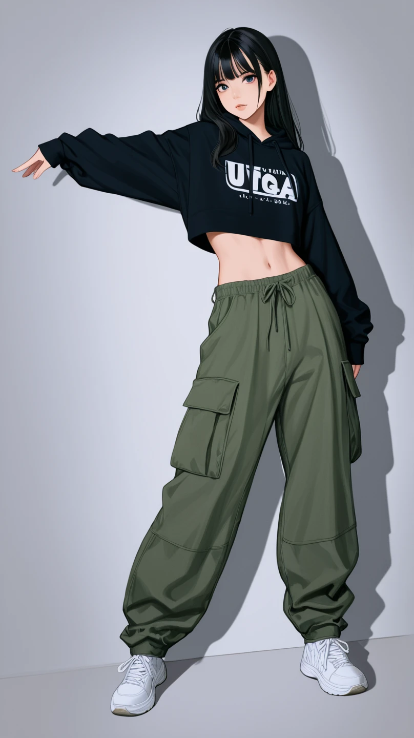 A beautiful woman in a white top and green pants posing for a photo, Olive pants, wearing cargo pants, military pants, baggy pants, large pants, cargo pants, high waist sweatpants, azeitona, Pants, frouxamente cortado, vestindo um baggy, 😭 🤮 💕 🎀, 🤬 🤮 💕 🎀, com dois bolsos frontais, azeitona