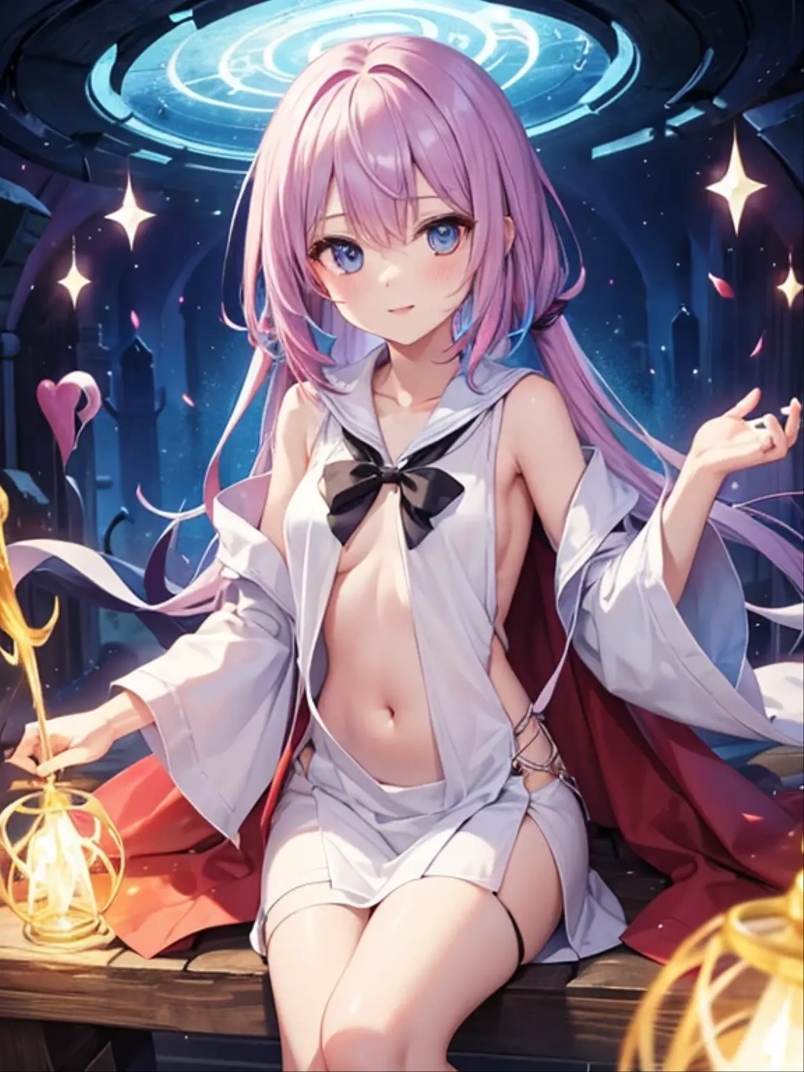 woman slender fantasy wizard lightly dressed magic school half naked colorful hair color
