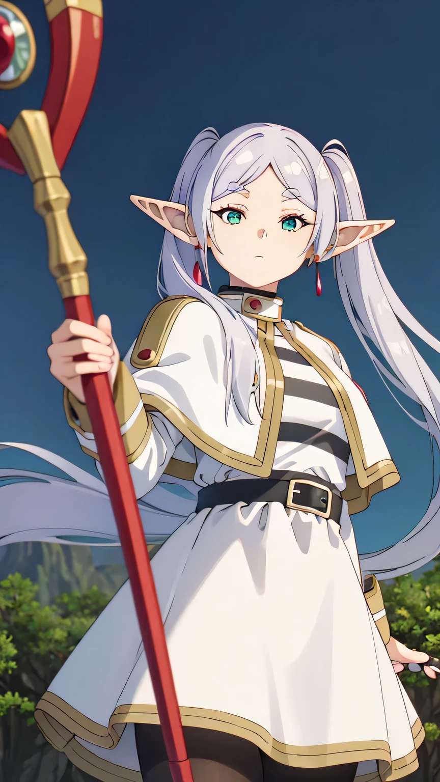 {{{masterpiece}}}, (best quality:1.5), (ultra-detailed:1.5), {illustration}, {{an extremely delicate and beautiful}}, (beautiful detailed eyes:1.6), absurdres, highres, extremely detailed face, 16k, hd, visual anime de uma jovem mulher, extremamente bonito rosto de anime, anime melhor garota, (perfect hands, perfect anatomy), (five fingers:1.5), anime face, Frieren(Sousou no Frieren), wz_sousou_no_frieren_style, 1girl, solo, cute face, elf, twintails, very long hair, silver hair, parted bangs, sidelocks, pointy ears, earrings, green eyes, medium breasts, big hips, curvaceous, BREAK, white capelet, frierenCasual, (horizontal striped shirt:1.4), (white sleeves:1.1), black belt, (white skirt:1.4), (mini skirt:1.3), (black pantyhose:1.4), BREAK, 1girl, solo, floating hair, fluttering skirt, (magic staff:1.2), (long cane:1.3), holding staff, BREAK, Combat Ready, looking at viewer, flash effect, expressionless, outdoor, mountain, night, forest, star, field, moonlight, peer in from below