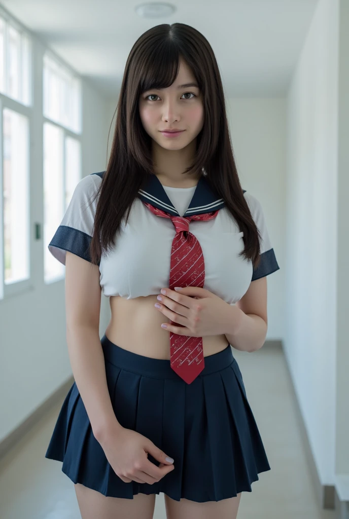 ((Breast enlargement)), (masterpiece, Highest quality:1.2), 8K, Young and beautiful girl, 85mm,Official AR RAW Photos, (Baby Face), ((Small face)), (((Super big breasts))),  Detailed nipples, Show me your ears、photo shoot, Cute face, Thighs, Classroom after school, Looking at the audience, Embarrassing、smile、No makeup, Film Grain, chromatic aberration, Sharp focus, Face Light, Bright lighting, 10 generations, Detailed face, Background blur、((((((14 year old high school girl))))))、Narrow waist, ((Schoolgirl uniform, Checkered pleated mini skirt)), (White tiny panties), Lift the skirt with your hands