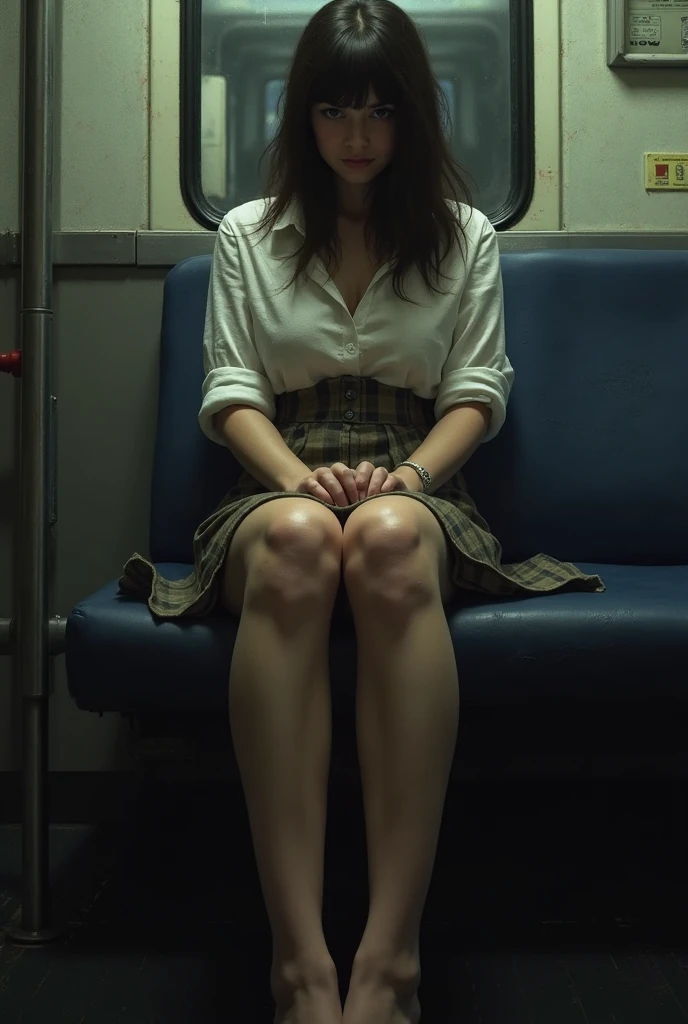 masterpiece, High resolution, Ultra High resolution, 4K, Black Hair, Japanese Girls, Uniform skirt, Accentuate your thighs, White thighs, Soft thighs, Shiny thighs, Sitting on a train, Facing angle, Angle from below, Sitting on a train Seat, Sit in front, Zoom camera to hip joint, Put your feet on the train floor, whole body, Looking down and sleepy, Only watching the audience, Highest quality, Ultra High resolution, Realistic, High resolution, detailed, RAW Photos, sharp, Nikon Film Stock Photos, Rich lens color, Ultra-realistic and realistic texture, Dramatic lighting, Unreal Engine,