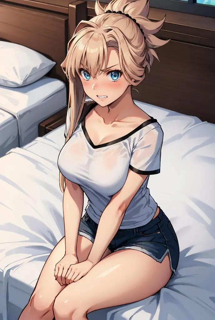 best quality, 1girl adult, slim hips, pale skin, blond hair, medium hair, straight hair, light blue eyes, extra big breasts, wearing white t-shirt and white panties, bent over, from front,