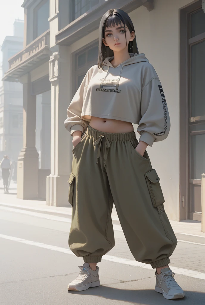 ((Highest quality, 8k, masterpiece:1.3、real:1.3))、Beautiful woman、snapshot:1.5、full body、sunglasses、trend:1.5、cargo pants、real、detailed、In front of the building wall、Professional composition