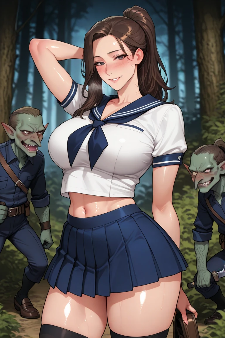 masterpiece, (((goblinriding, a goblin is riding a girl))), goblin, mutiple goblins, goblins, (((all fours))), 1girl, (epaulettes:1.1), (nose hook), reins, collar, chain, rope, obey, proud face happy trance, smile, hair ornaments, expressionless, emotionless, blank eyes, empty eyes, mind control, apocalyptic background, monster, glowing eyes, horror, goblin gangbang, huge breast, Large Breast, brown hair, hair intake, red eyes, long hair, twintails, animal ears, horse girl, daiwa scarlet (umamusume), tiara, epaulettes, fang, garter straps, long sleeves, bowtie, bangs, blue jacket, white thighhighs, white shirt, white skirt, hair bow, scarlet_nuit_etoile