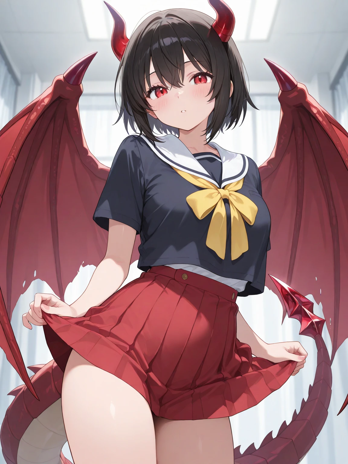 8K, 1girl. petit, teen, kawaii vampire, crimson hair, short hair, red eyes, bat wings, smile, (blush), (shy), fang, looking at viewer,  dynamic angle, wind, game cg, fantastic scenery, demon tail, thin tail, black horns, medium breast, gym uniform, gym class, penis bulge, otokonoko, ball bulge in panties, boy, penis