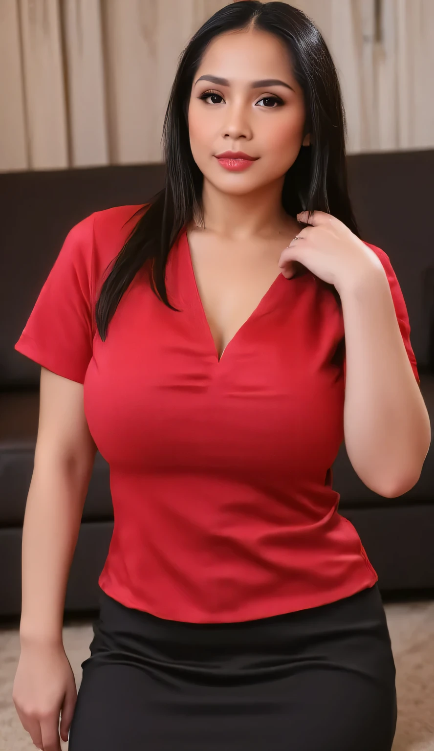 a beautiful woman, sitting on the sofa in the study, body looking camera, using a red satin formal shirt, long pencil skirt black satin material, Perfect body with big boobs, lipstik merah, long black hair