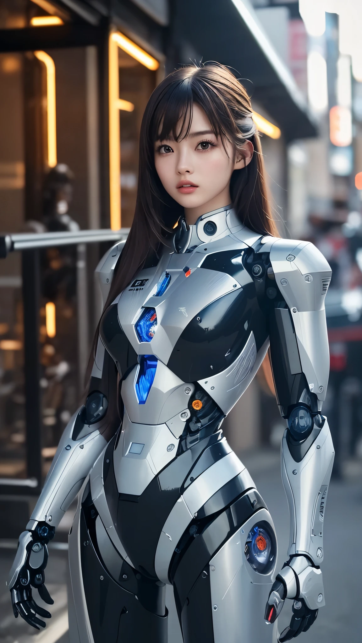 (((masterpiece))), (realism, realism texture), (top Quality, High Quality:1.3), (top resolution, high resolution), ultra detailed, (high detailed), (beautiful robot woman, (woman is incredible machine)), (damage mechanical parts skin:1.3), (Fine skin face:1.3), ((Unparalleled Japanese idol round face:1.3), (curvaceous smooth mixed face)), white cheek, (Glossy Thin Mouth), wide mouth, detailed Mouth, ideal model body shape, (Black robot battle suit:1.2), (machine parts, Wiring, frame of perfect machine, robot limbs, robot joint), mechanical hands, (she is machine structure complex robot, computer chip), (Let hair down, straight hair), (cowboy shot:1.3), city