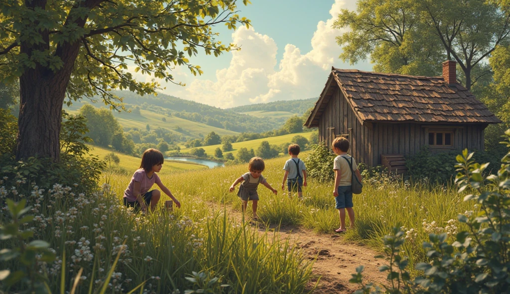 Image Description Main Scene:
The Afternoon in the Village: A quiet street in a village, with simple houses and a lawn covered in fallen leaves.
Nostalgic atmosphere: The scene is softly lit by an afternoon sun, giving a golden and melancholic tone.
Personagens:
Boy on a Bike: A boy with a bicycle ("Skinny") passing through the street. He's wearing simple clothes, with a look of curiosity and a little shyness.
Two Girls on the Lawn: Two girls sitting on the lawn, one of them speaking loudly and the other listening attentively. They are dressed in period clothing., with expressions showing surprise and amusement.
details Emocionais:
Facial expressions: The boy with an expression of surprise and a little nervousness when hearing what one of the girls says. The girls have expressions of curiosity and amusement.
interaction: Uma das meninas está reaching out para o , suggesting a moment of connection, while he is visibly nervous and hesitant.
Additional Elements:
Heart in the Scene: A small detail, like a heart drawn on the leaves or on the bicycle, to symbolize the feeling of first love and shyness.
Dream Elements: Add a subtle image of an alarm clock or a representation of a broken dream, to illustrate the part where the boy wakes up.
Colors and Style:
Soft and Nostalgic Colors: Use warm, soft tones, like gold and green, to create an environment that evokes nostalgia and emotional memory.
Simple and Detailed Style: Maintain a style that captures the simplicity of childhood and the depth of emotions described in the lyrics..
Background Image Sketch: Village street with houses and lawn covered in leaves.
downtown: Boy passing by on a bike, with the two girls on the lawn.
detail: reaching out, with an expression of nervousness and joy.
Additional Elements: Discreet heart and a small alarm clock, indicating the moment of the dream.
This image should reflect the feeling of nostalgia and the simplicity of the first
