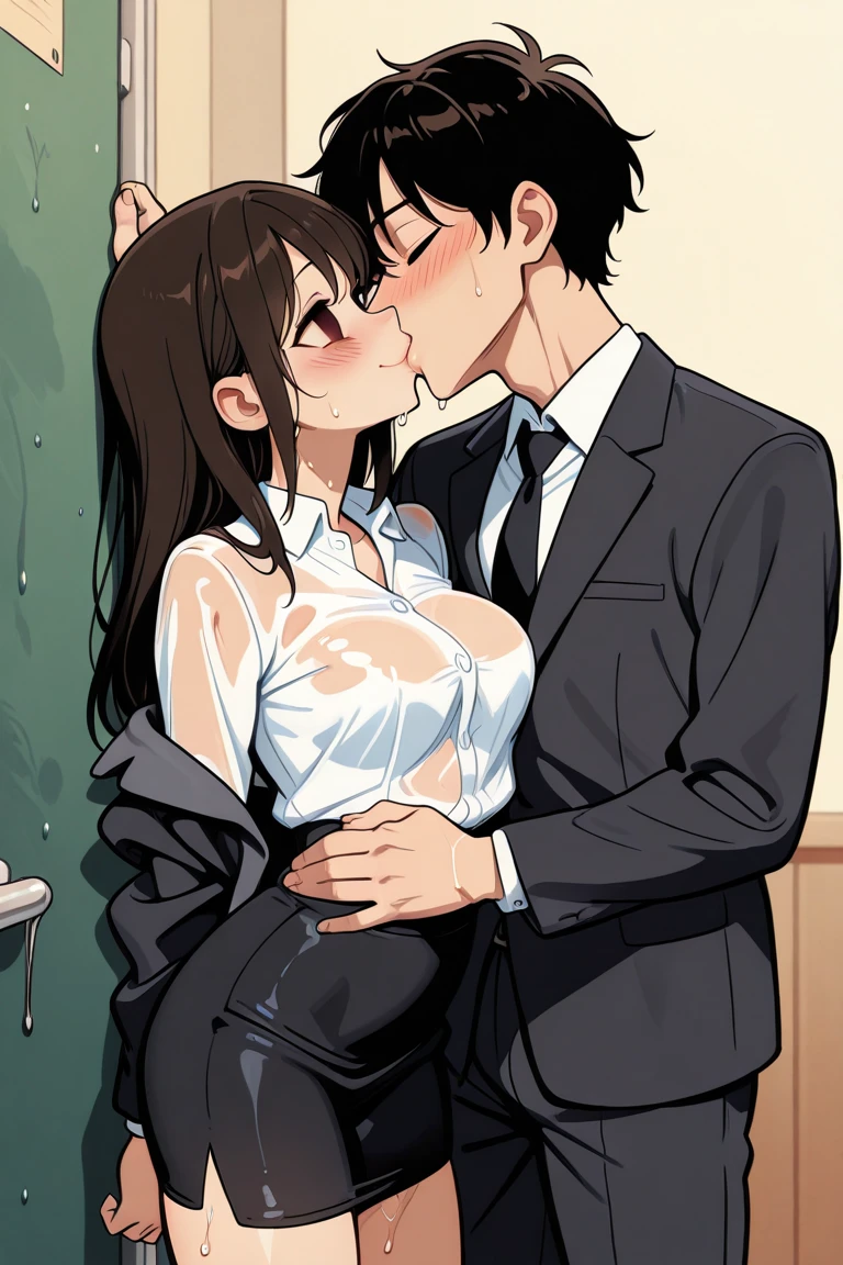 shinkai makoto, kimi no na wa., 1middle age man, wrinkle face, black hair,bangs swept to the right side, office suit, middle aged man caressing girl's body, kiss cheeks, passionate hug, boy is hugging from behind, chestgrope from behind, middle aged man is touchig girl's chest, hold chest, 1girl, nude, bangs, black hair, brown eyes, Twisted Half Up Hair, red ribbon, long hair, nipples, medium breast, storage room, indoors, masterpiece, perfect anatomy, cowboyshot