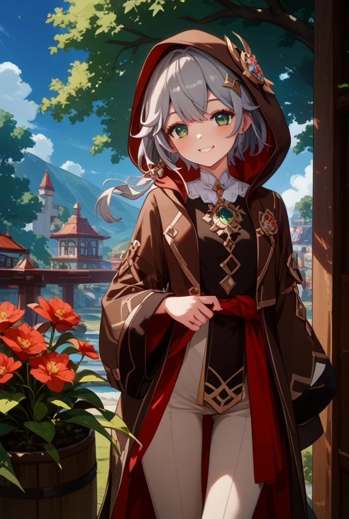 masterpiece, best quality, elie macdowell, green eyes, white dress, red coat, mooglesuit, animal hood, white cloak, looking at viewer, smile, city street<lora:mooglesuit-nvwls-v1:1.0> <lora:elie-nvwls-v1:0.9>
