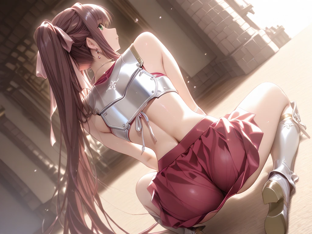 ultra-detailed,best quality,masterpiece,ultra-detailed,high resolution,extremely detailed CG,perfect anatomy,detailed,cinematic lighting,beautiful detailed eyes,ultra high res,1girl,(18 years old:1.4),gleaming skin,oil skin,sweat,humid,trembling,strong light coming in,spot lighting,bright,clothed,nsfw,(lace panties:1.3),(cameltoe:1.2),(love juice:0.5),frown,angry,contemptuous,disdain,(hate:1.4),(blush:0.4),looking down, asuna, long hair, brown hair, braid, brown eyes, bare shoulders, armor, breastplate, white sleeves, detached sleeves, red skirt, pleated skirt, white thighhighs,(Back view:1.9),(from behind:1.3),(from below:1.6),(Dark Cave:1.5),ass pov,leaning forward,open legs