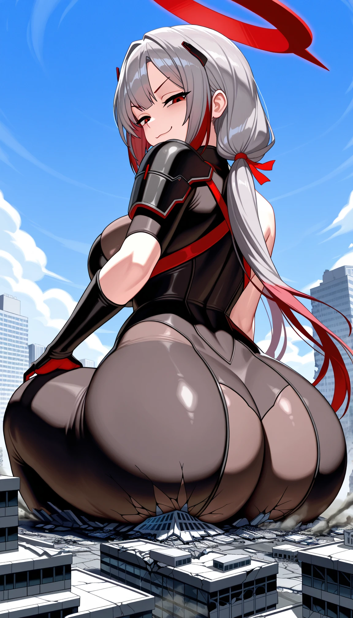 1girl,solo,super detailed skin,shiny skin,natural face,black hair,long hair,crossed bangs,deep detailed eyes,eyelashes,lips gloss ,large breasts,body suit,Shinobi clothes,black boots,fishnet,standing ,beautiful shaped butt,simple background ,from behind ,under view ,masterpiece,best quality,ultra detailed,high resolution,sharp focus