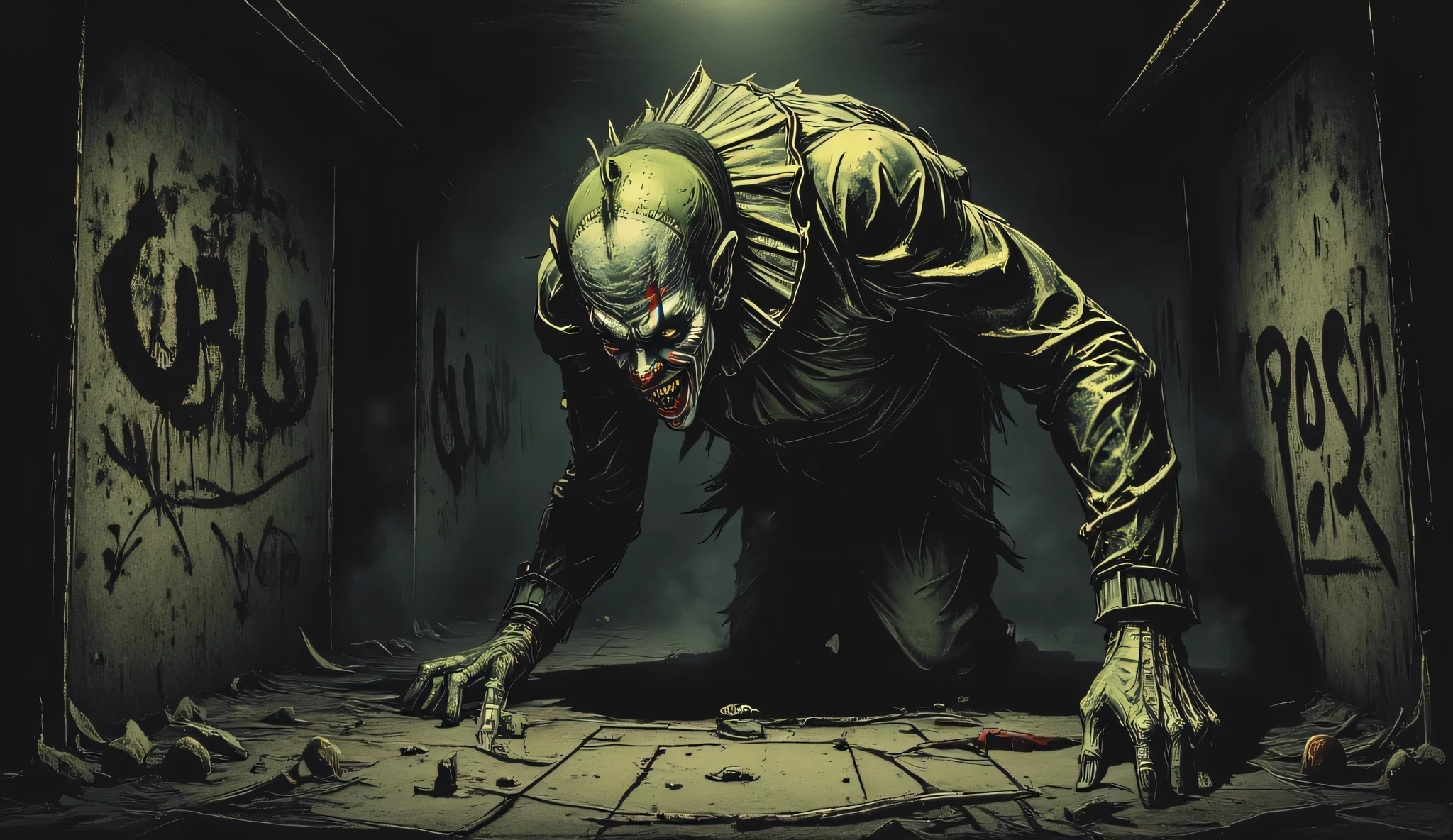 Sinister clown in a dark alley, horror comic style, exaggerated features, menacing grin.