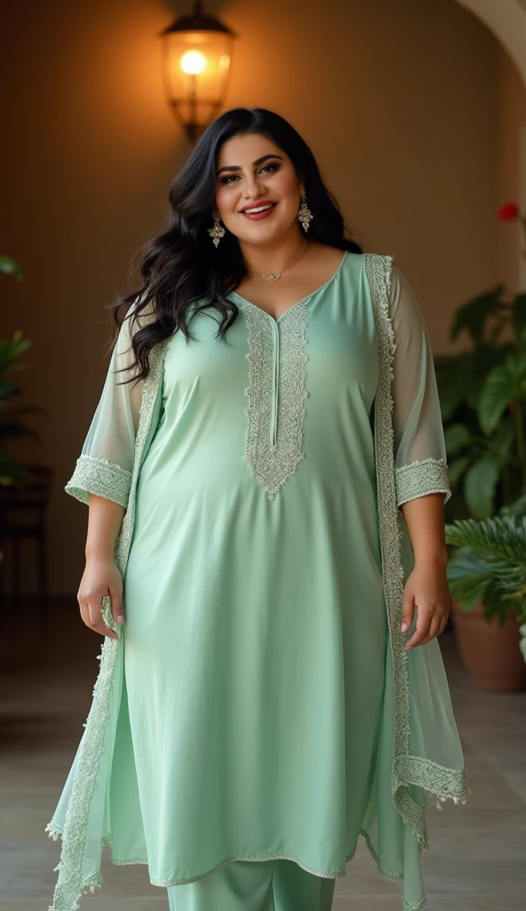 Day scene, A radiant, full-figured South Indian 35 year old aunty a green colour chiffon gown ,standing, in a office captured in a full-body image with vibrant hues and meticulous details. Full body image