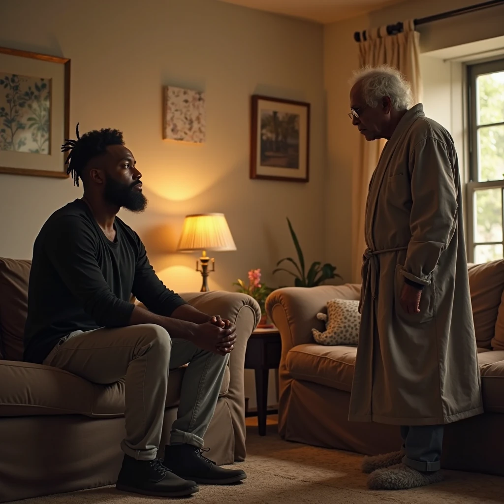 Generate an image where a young handsome black  man is having a discussion with his old father in a living room setting discussing a serious issue while’s sitting 
