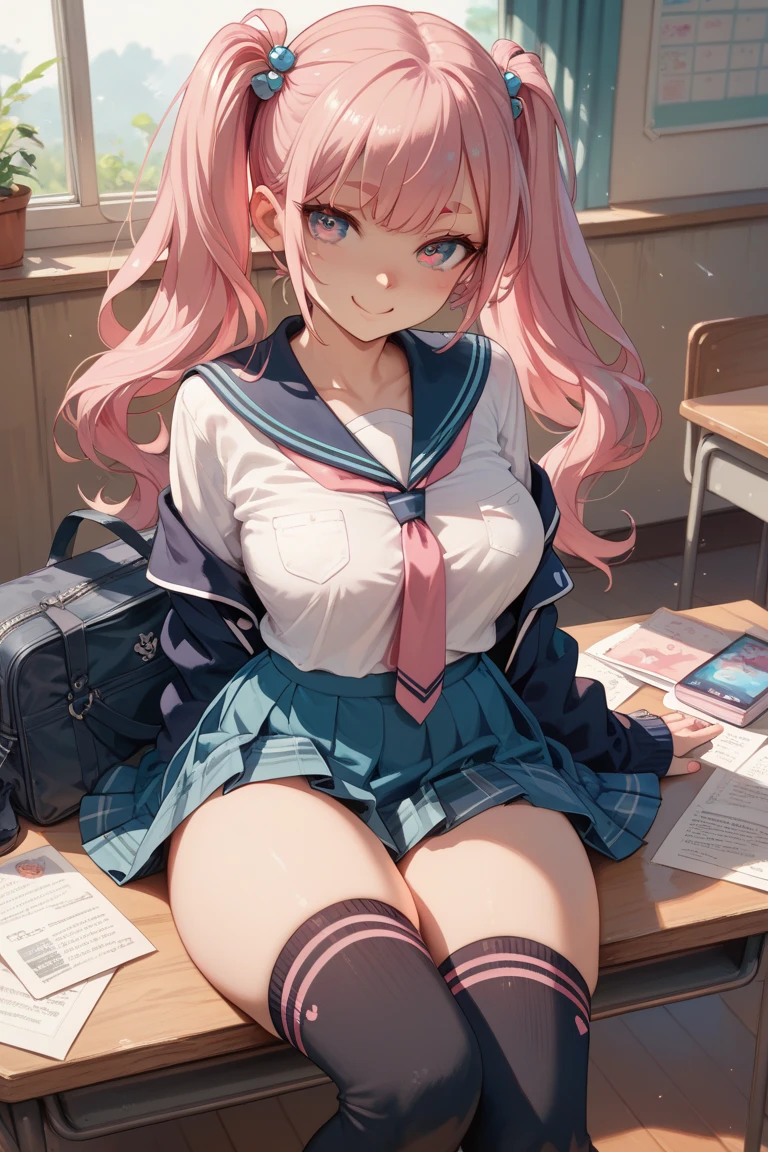 (throw_hand, pink vibrator remote switch in throw_hand, throw:1.2), highest quality, Super detailed, masterpiece, Ultra-high resolution, 8k, Ridiculous, Cowboy Shooting, Blurred, One girl, Focus on the girl, Embarrassing, blush, Lovely, With tears in her eyes and her mouth open, What saliva leaves behind, Wet skirt hem, (Sticky panties:1.1), (Light blue striped underwear), Bulging of the vibrator cord, Vibrator with Garters, (medium breasts), (school uniform), (cleavage), Sit on a chair, Classroom Background, (black stockings), (Thighs), (Waistline)