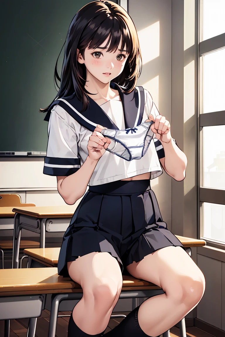 nsfw,alone, (One girl), Elementary school girl, ((White panties)), (wearing only the top half of sailor school uniform), Sailor with un-folded hems, sexy, (Cowboy Shot), ((Put your arms behind your head)), classroom, With a girl:Her hair is long and black, Her face is round and cute, Black Hair, Low twin tails, (Are standing),Shy, Embarrassing,(pussy cameltoe:1.0),