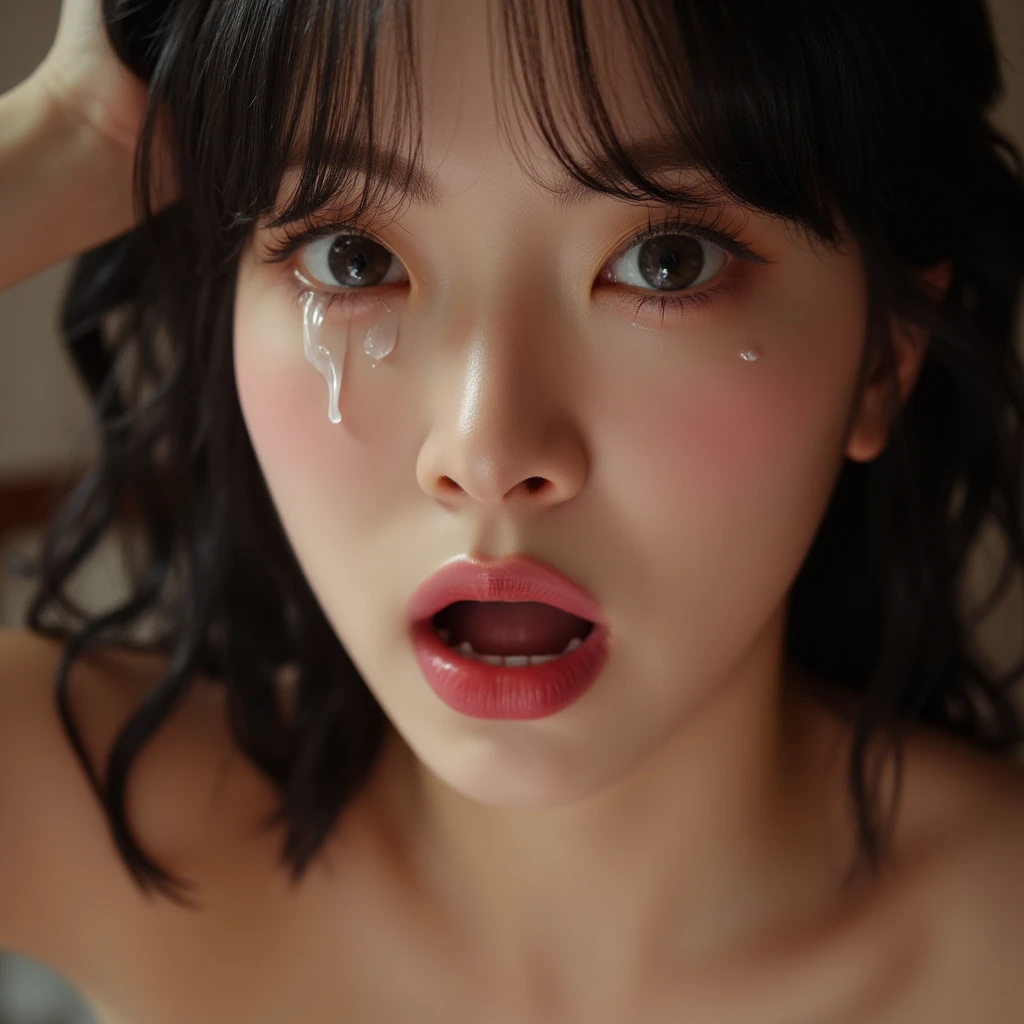high quality, detailed,a girl with white water drops on her face.she is taking a shower,lots of white water droplets.(at night:2.0),green eyes.she is 13 years old japanese bitch gal,prostitute,she has a mole under her eye,(smallest breasts),(wearing long sleeve white oversized t-shirt dress,offshoulder,very very wet thin fabric shirt,),blunt bangs,((bob hair,very wet hair and wet face,shiny face)),slender,face up,nipples,temptation((her face is facing directly upwards:1.5))(((she opens her mouth very very wide and closes her eyes:1.2,tounge out)she looks very very painful and her cheeks are very red))((on the bed))
