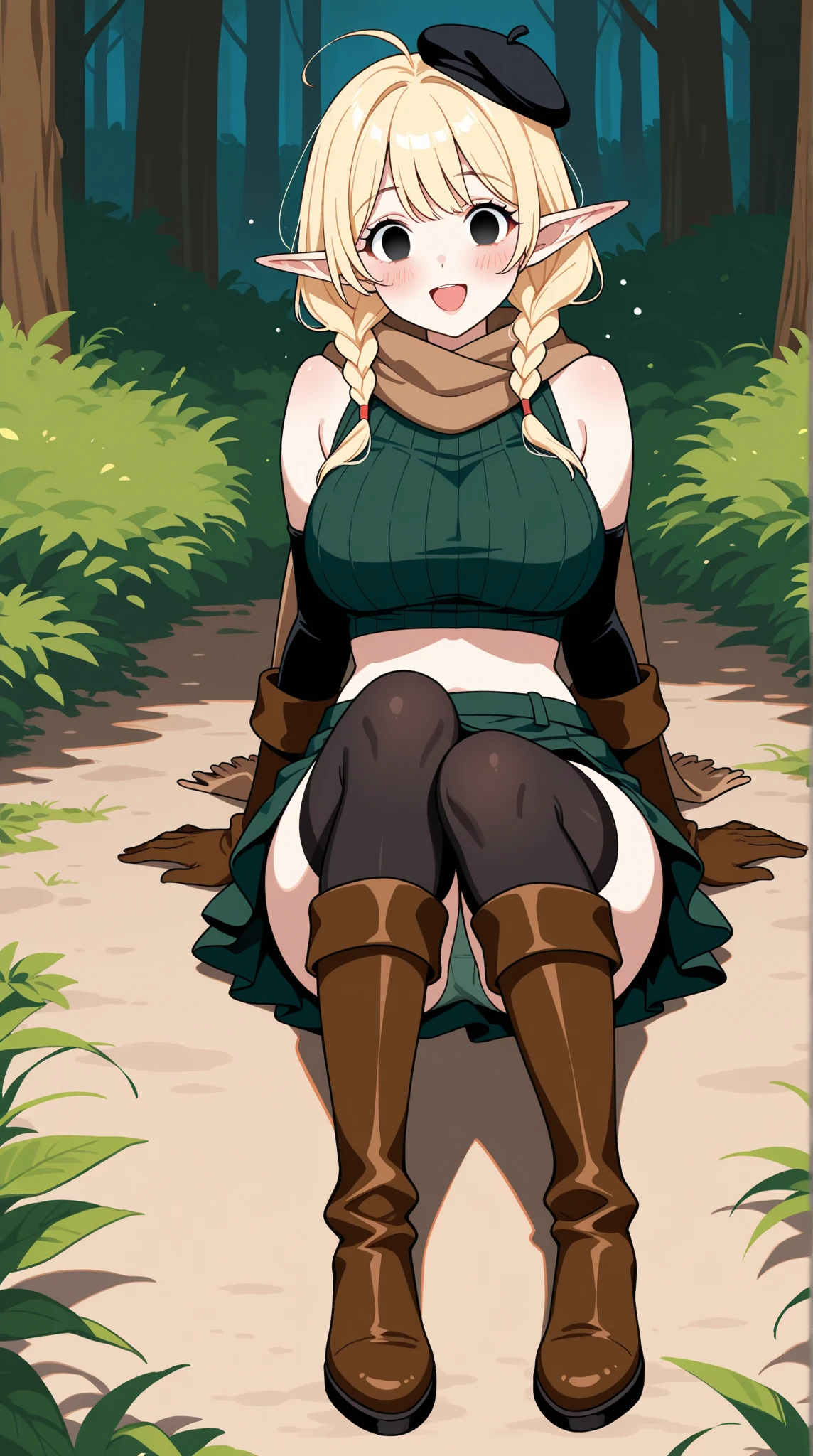 ((1girl)),((alone)),Sui tsundere elf,\(isekai ojisan\),(masterpiece), (best quality), (ultra detailed), (best illustration), (best shadow), (absurdities ), sharp focus, cowboy shot, atmospheric perspective, depth of field, dynamic posture, ((looking at viewer)), medium breasts, narrow waist, wide hips, wide thighs, round butt, erotic, romantic, (highly detailed eyes , lips 1.1), highly detailed eyes, eyes, Highly detailed face, Very beautiful face, Symmetrical face, Aesthetic face, perfect face, perfect eyes, detailed eyelashes: 1.5), full height, beautiful slim figure, femininity, expressive appearance, breasts elastic mediums, sexuality, parted lips, long hair, blonde hair, (green eyes: 1.5), pointed ears, elf, multicolored hair, jewel on the forehead, long sleeves, black sleeves, turtleneck jumpsuit, black pantyhose, sweater, (black sweater: 1.2), dress, (yellow dress: 1.5), curves, defined body, perfect and beautiful body, perfect and beautiful, closed mouth, mocking smile, embarrassed expression, (sexy pose: 1.2), ((solo) ), standing: 1.3,((outdoor, medieval landscape, plain, trees, castle, village, day, sunny)), Looking back ,from behind,((focus on ass:1.4)), point of view :( from below), perfect anatomy, perfect hands