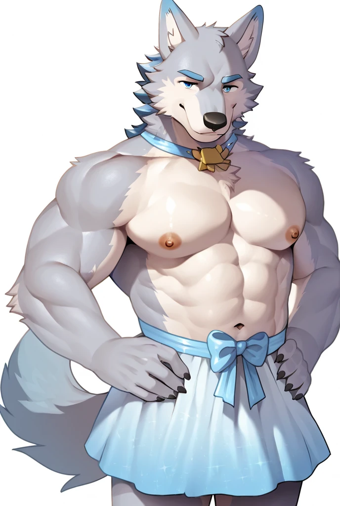A muscular, furry white wolf, blue eyes, Perverted in the morning.