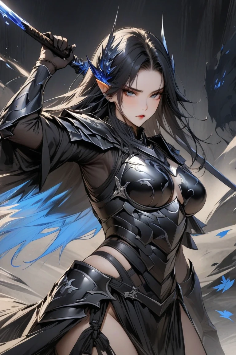 A slender female dragon knight in battle-worn, (((jet-black))) dragon-scale armor,revealing a sweat-drenched face smeared with mud. She exhales deeply, her lance stained with battle, standing under the soft moonlight, exhaustion and determination mixed in her eyes.