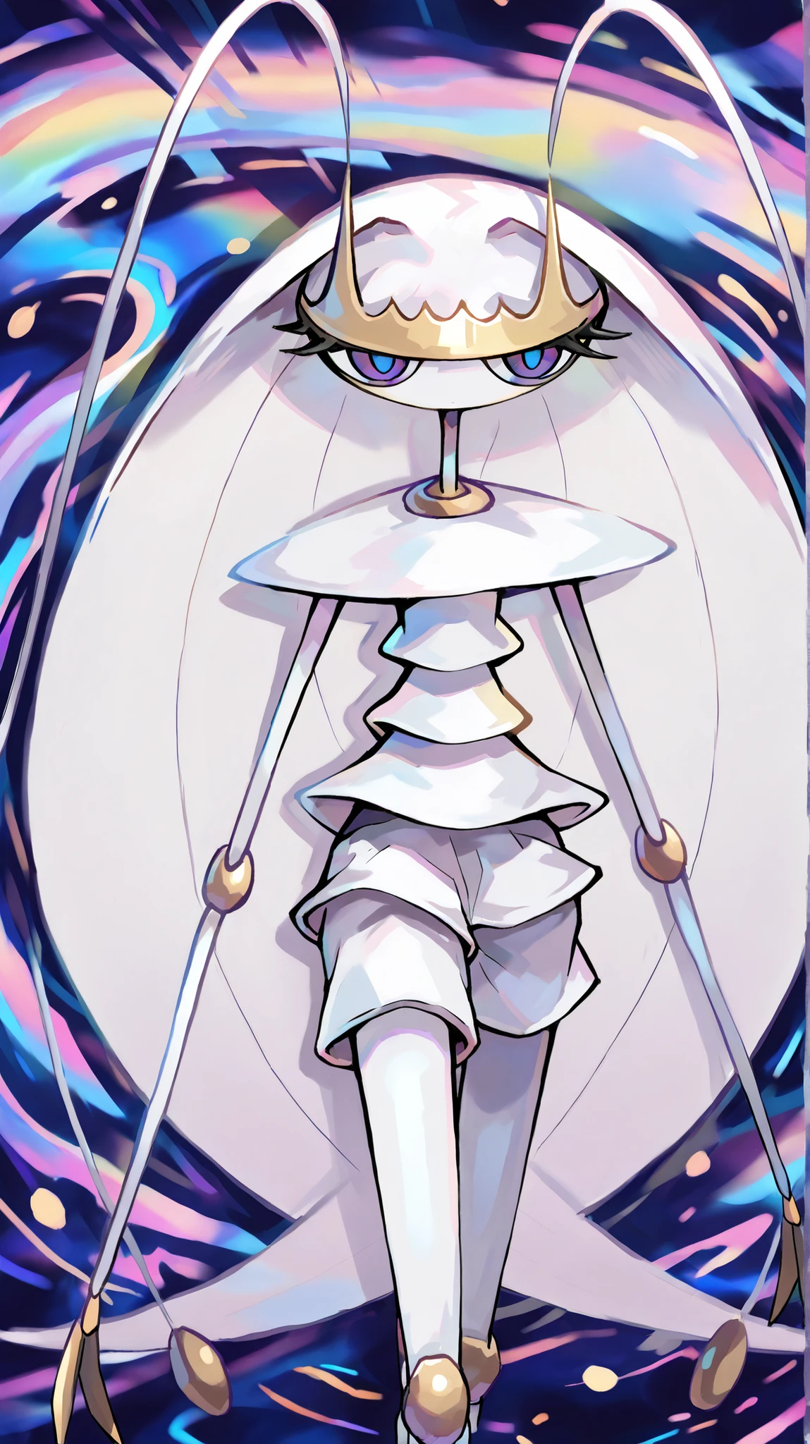 Pheromosa from Pokemon, White Body, (psychedelic cosmic horror), Thin Waist, Very Thin Waist, Wasp Waist, Solo, Aerial View,vibrant colors, cel shading, Simplistic Art Style, looking at viewer, solo,((action:1.2)),