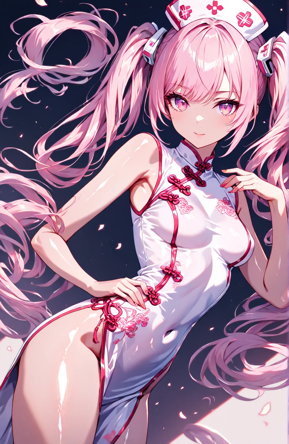 1girl,solo,cowboy shot,standing,(pink hair:1.2), hair bun, double bun, twintails, hair ornament, blunt bangs,(orange eyes:1.2),yellow pupils,(beautiful fingers:1.4),(perfect anatomy:1.4),(arms_behind_back:1.6),(cold_shoulder:1.2),(pink china clothes:1.6), (pink leather lace glossy silk lamé leotard:1.4),(latex luster shiny glossy metallic:1.6),(shiny_clothes:1.6),medium breasts,beautiful breasts,masterpiece,best quality,(Ultra high definition eyes:1.2),8k,(Beautiful detailed eyes:1.2),(Fine and beautiful eyes:1.2),(pretty eyes:1.2),finely detail,extremely CG, absurdres,high resolution,illustration,Detailed and beautiful outlines,finely detail,high resolution,(colorful refraction:1.4,Increase saturation:1.2),beautiful lighting,dynamic lighting,closed room,black background,simple background, smile,looking at viewer,tao,dress, white dress, sleeveless dress,(pink thigh boots:1.4)
