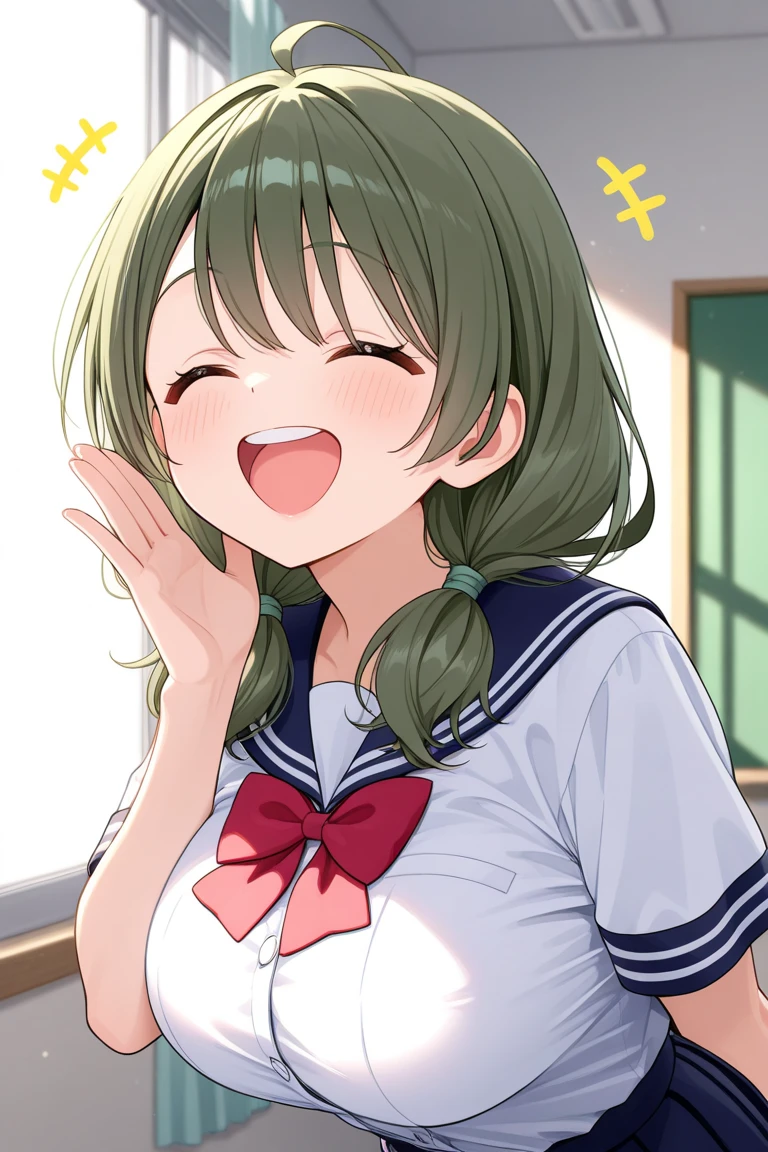 1girl, solo, inuyamaaoi, long_hair, breasts, smile, open_mouth, bangs, brown_hair, simple_background, hair_ornament, long_sleeves, white_background, school_uniform, closed_eyes, upper_body, :d, necktie, serafuku, fang, hand_up, sailor_collar, side_ponytail, sweater, neckerchief, swept_bangs, thick_eyebrows, hair_bobbles, facing_viewer, skin_fang, waving, white_neckerchief, yellow_sweater, <lora:LoRA_yurucamp_inuyamaaoi_epoch-000003:1>, <hypernet:bad_prompt_version2:1>, classroom,