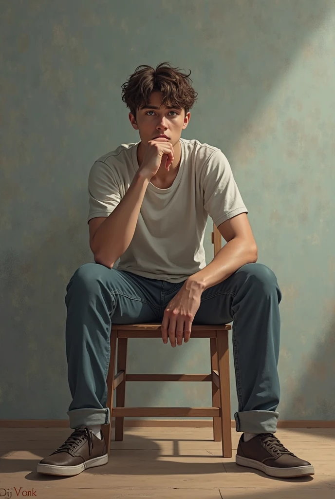 A young man sitting on a stool with a plain gray background