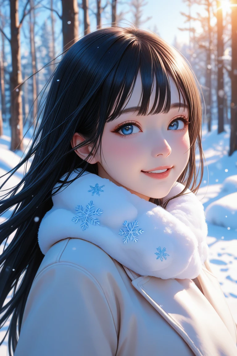 Masterpiece, realistic, highest quality, full body, black long hair, ((((Beautiful and sexy snow woman)))), (Beautiful snow woman from old tales)))), (Japan white kimono and white obi with long red sleeves fluttering only the obi hanging, face pointing downward and narrowed eyes looking up at the viewer)), (((Black hair with snowflake hair ornament and snowman hair fastening)), 20 years old, ((((Snowstorm Snowfield)))), (( No headgear))), photorealistic, blur background, sensual pose