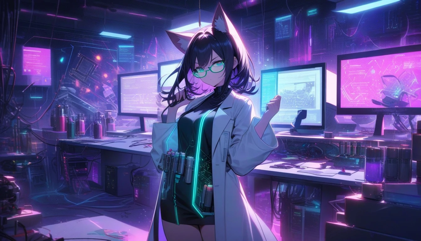 (top-quality、hight resolution、8k、masterpiece:1.2)。double tooth、canine teeth、Muscular nose、Fleshy lips、Anime style、animesque、light reflections、Depth blurred background、The best lighting、Line art thicker、Ultra detailed eyes、sparkle in eyes、Shining stars々eyes like、bitcoin、Cryptocurrencies、investment、Chart Analysis、Chart diagram、personal computers、((Wearing a black suit over a white shirt and glasses、Chart analysis in progress、Colorful hair transplant、Distinct eyes、Career Woman、intellectual、Serious appearance、Forex trading on a computer))、cyber space、skyscraper、Different space、