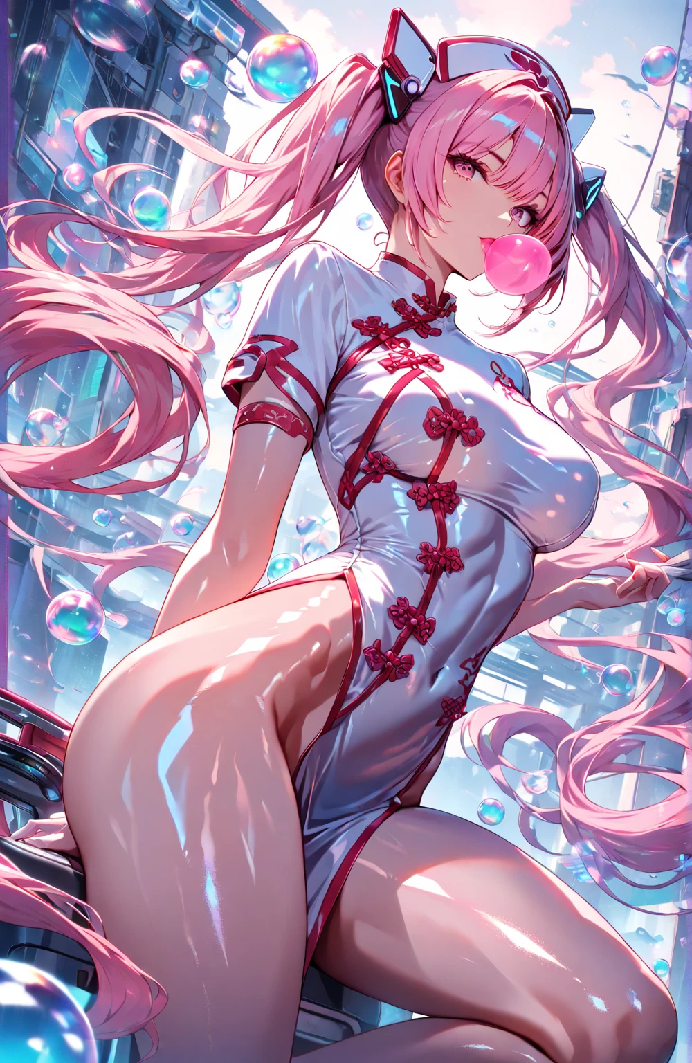 ((Highest quality)), ((masterpiece)), (detailed), Beautiful African female idol,Browsing Caution,Dark Skin,
,Captivating smile,(Sensual:1.5),
Thin legs、On all fours、focused on the chest,(Excessive ejaculation:1.2),
(Shiny Pink Nurse:1.3),Glossy latex tights,Bottomless,High heels,
(Pink Bed 1.5),