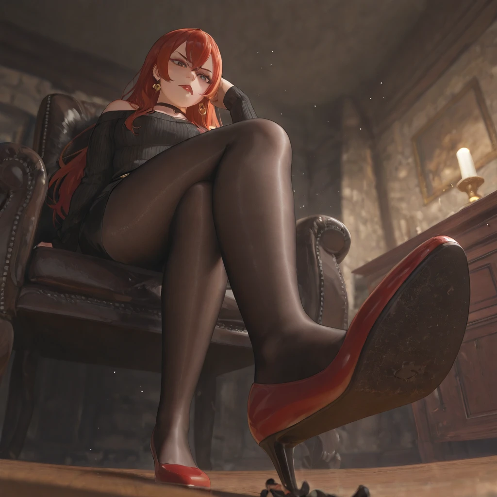 (highly detailed:1.3), 1girl, solo, (full body:1.2), sc_nyx, large breasts, light smile, red eyes, sitting, dinning table and chair, Ultra-detail, (highres:1.1), best quality, (masterpiece:1.3), cinematic lighting, (highly detailed face and eyes:1.3),