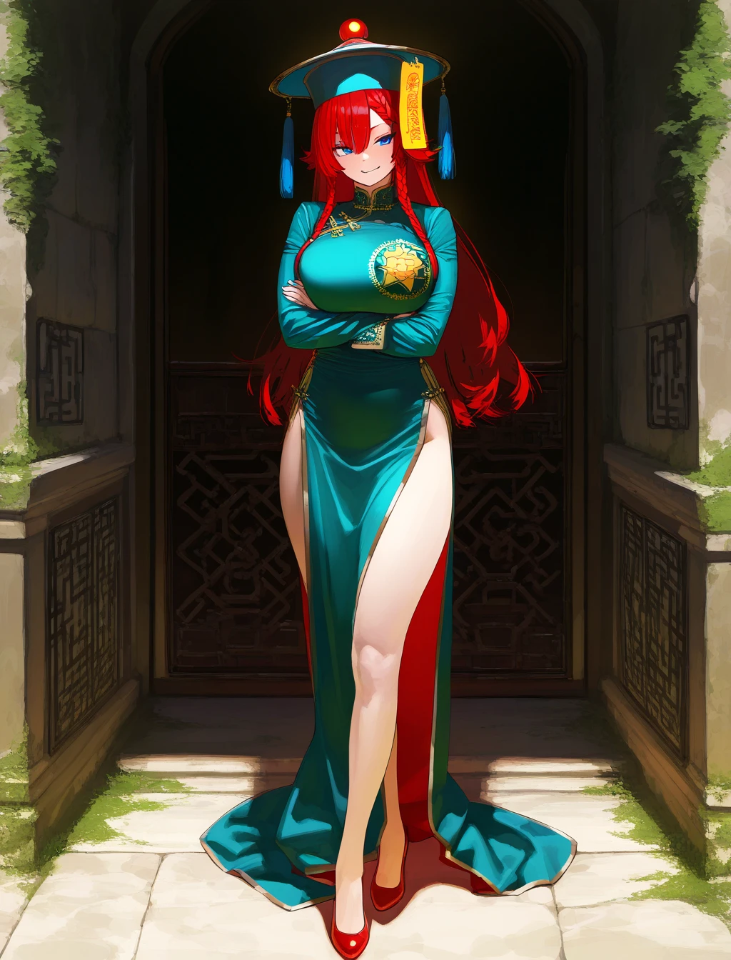 girl, with big breasts, with exotic clothes, red hair