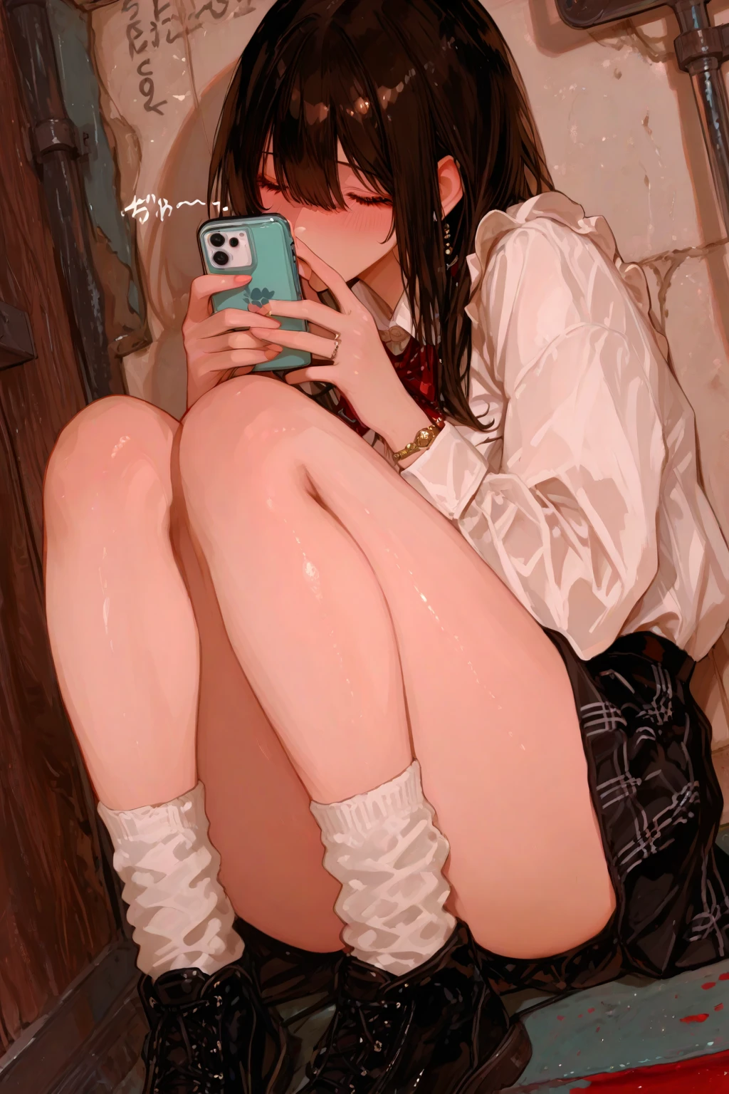 (masterpiece, highest quality), 1girl, taking a selfie on her panties, open crotch, camelltoe, mini skirt, showing off panties, shy look, crotch focus, sitting facing the mirror, knees up, open legs, thelerethism, 