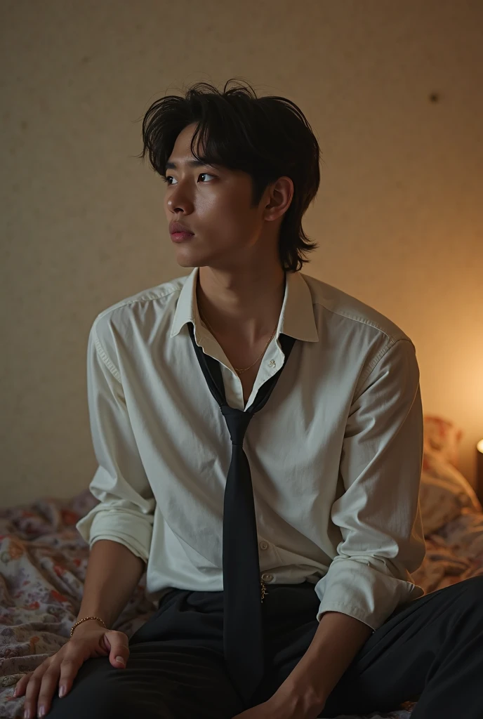 Korean boy with formal clothes, muscular black hair, no shirt, light brown eyes, sitting on a chair