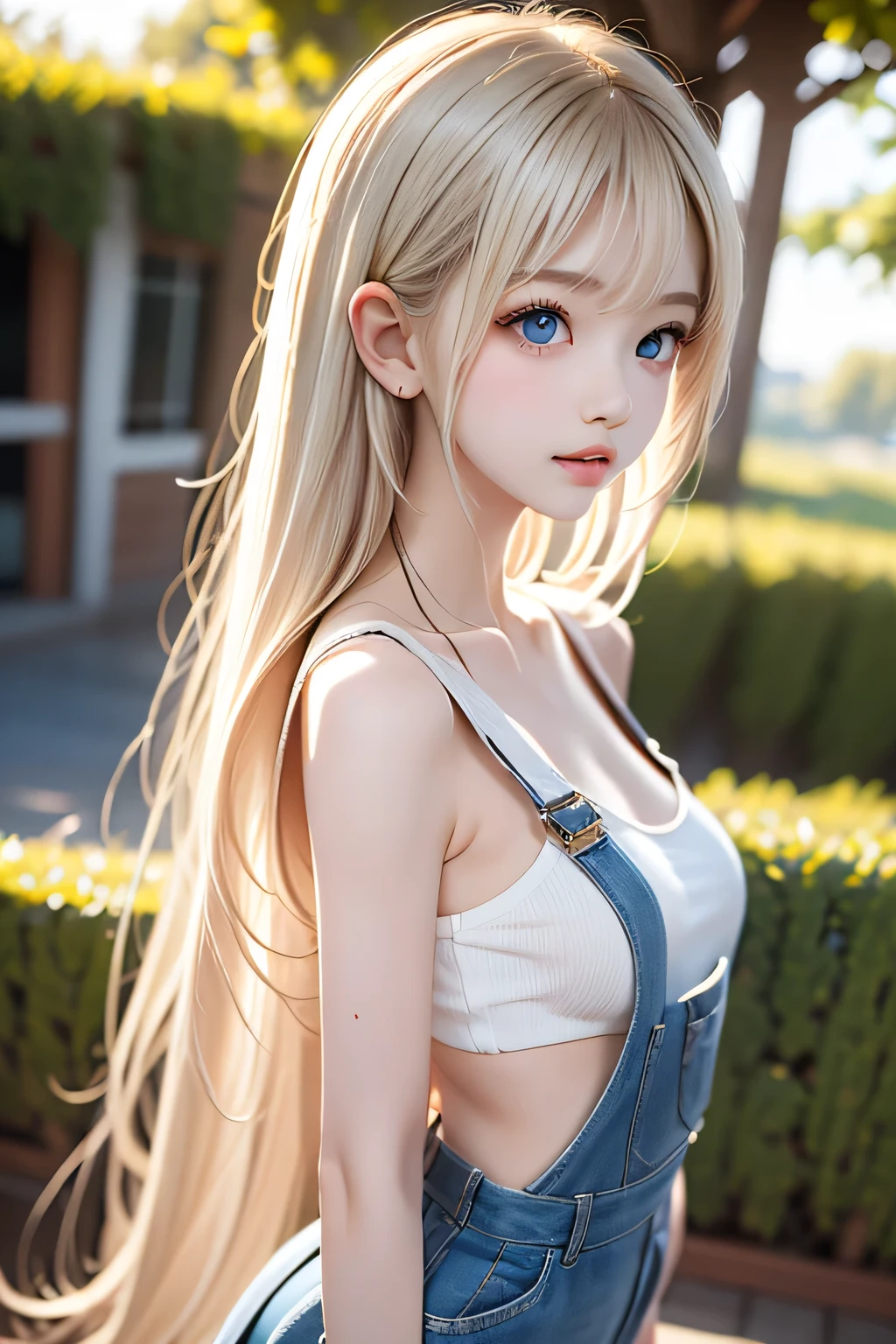 high definition,8K,top quality,masterpiece,Beautiful girl,beautiful platinum blonde hair,small breasts,full nude,overalls,Outdoors,Ranch,side view