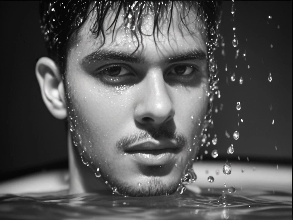 Shirtless handsome Lionel Messi  with water splashes on his face and chest in studio shot