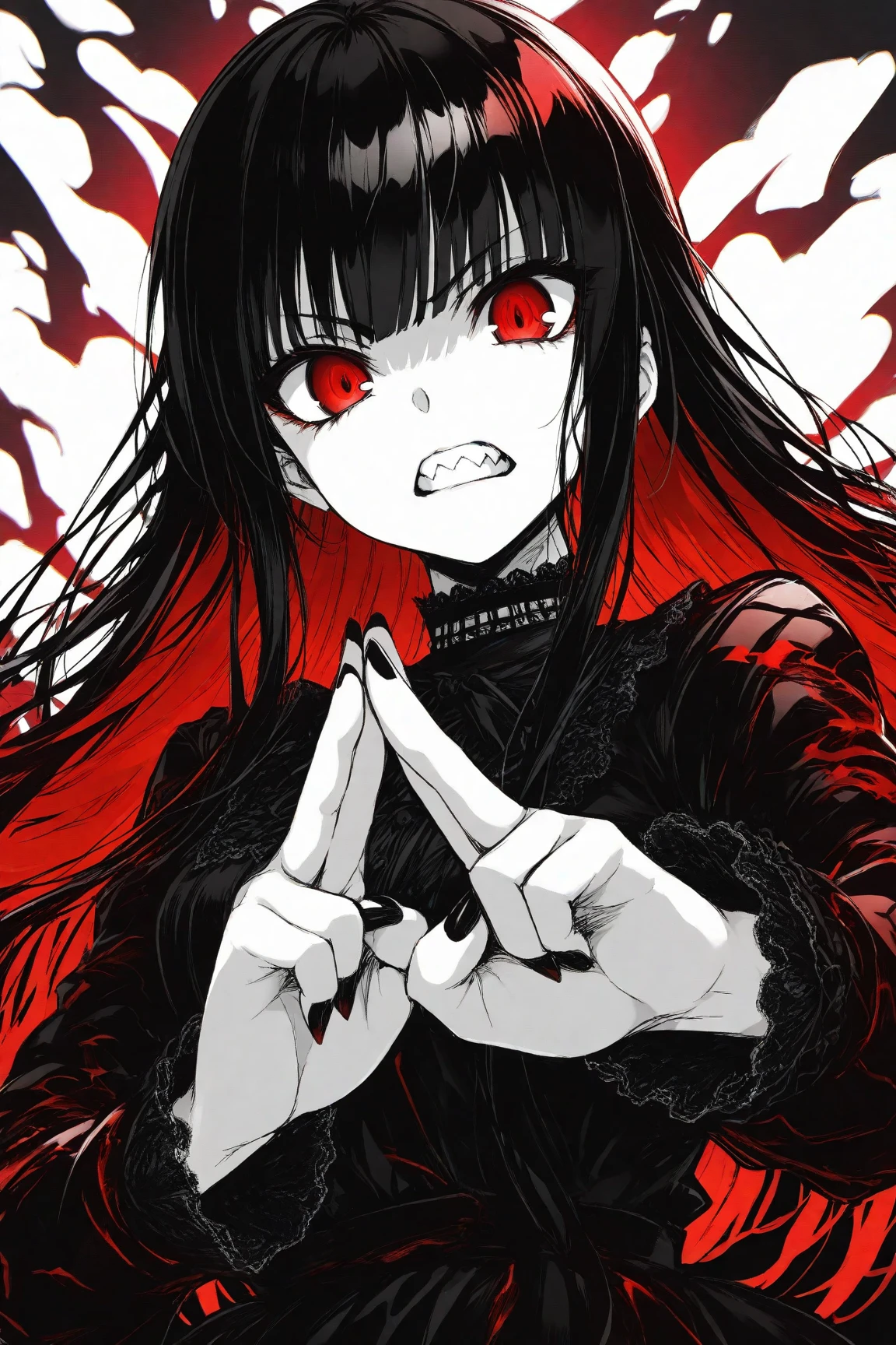 best quality, masterpiece, sharp lines, black and red color pattern, RELHstyle,
1girl, single, masterpiece, best quality, ultra-high quality
, 1girl, gothic style, upper body
black theme, red theme,
monochrome, black nails, nail polish, cool pose, hand gesture, detailed background, depth of field, kawaii style, gnashing teeth, concentration, seriousness, dynamic pose, fighting stance, red lightning