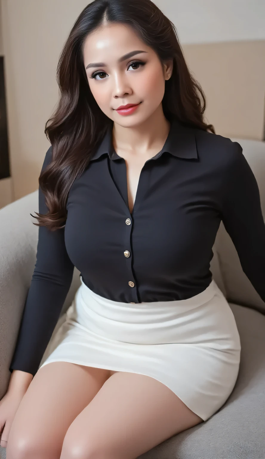a beautiful woman, sitting strapping on the living room sofa, using a buttoned formal shirt of black, long pencil skirt of white color, tubuh sempurna, payudara besar, lipstik merah, long black hair, wet body exposed to water,
