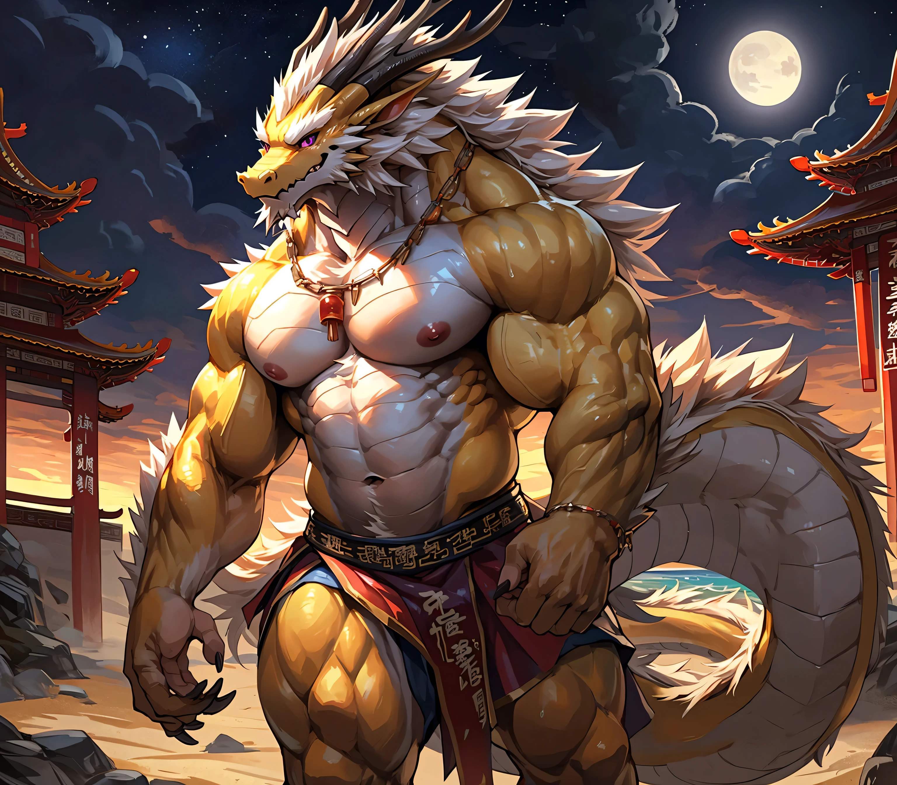 ((best quality)), ((masterpiece)), (ultra detailed),perfect face,antro oriental dragon:2.5, male , (((chinese dragon))):2.5, (((eastern dragon))):2.5,((yellow body)), (strong beefy muscular body), (abs, strongmuscles, 8 pack), furry, handsome,Beautiful and delicate eyes, (ultra detailed eyes, (mauve color):0.2 eyes, sharp eyes), night, detailed scene,full body, shirtless, topless, pink nipples, (by null-ghost,by traver009,by lindong,by pino daeni), (full body), wearing random pattern necklace, claws, ((fluffy fur, fluffy, furry body)), majestic, (a pair of dragon antler), upper body naked, muscular male, (loincloth, with purple pattern :0.8), big fellow, huge body, handsome,handsome, majestic, barbarous, anime, hairy, male, by the waterfall, bathing, full body view,(Great physique), sweating:1.8