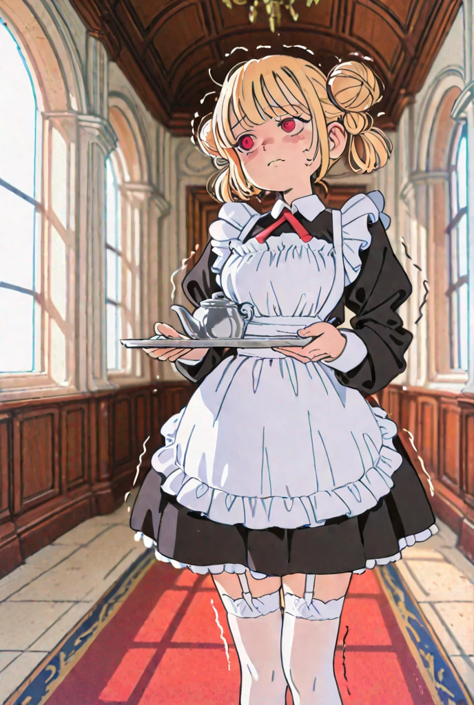 change,blonde hair , Pigtails, maid ,black pantyhose, sexy pose, Updress , lift dress , pink panties, show panties