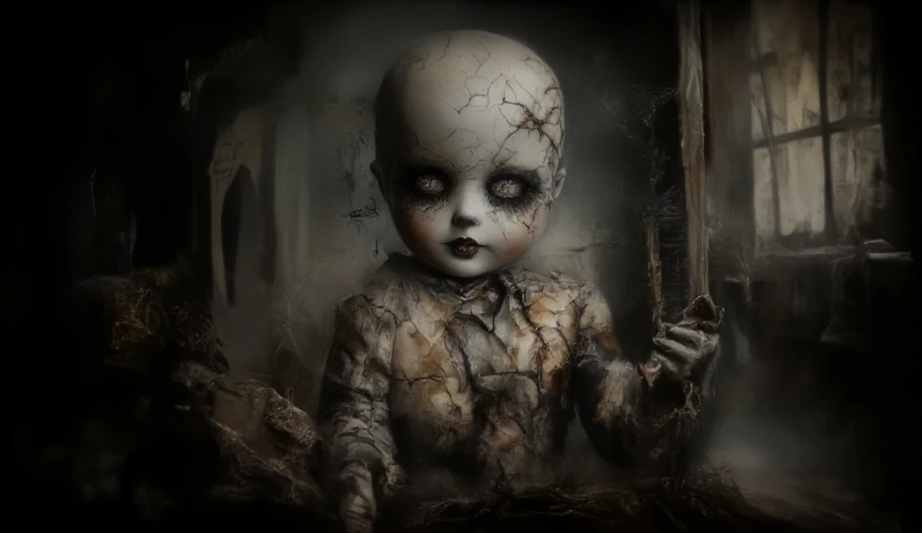 (best quality), (top quality), (dark), (whole body), (melancholy), (sadness), (agony), (terror), (horror), (neon) ventriloquist's doll being controlled, dirty with blood.