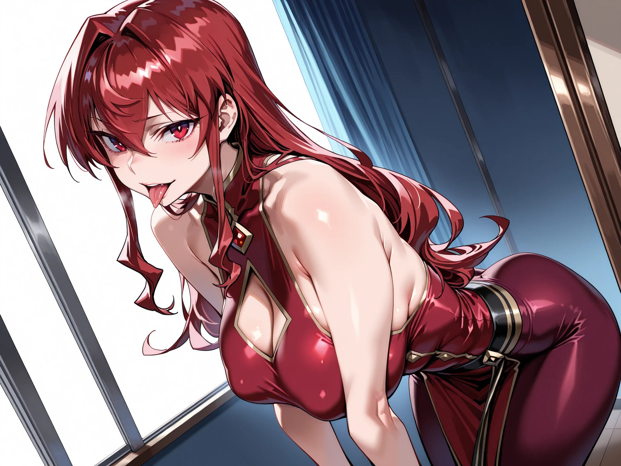 Happy woman, with wolf ears and red hair, holding her cheeks, wolf tail, wearing a latex dress, looking at veiwer, full body, you can see her chest, naked breasts